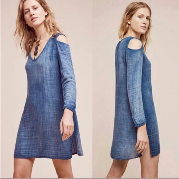 Anthropologie | Cloth & Stone Chambray Cold Shoulder Dress Women's size XS - Picture 1 of 7